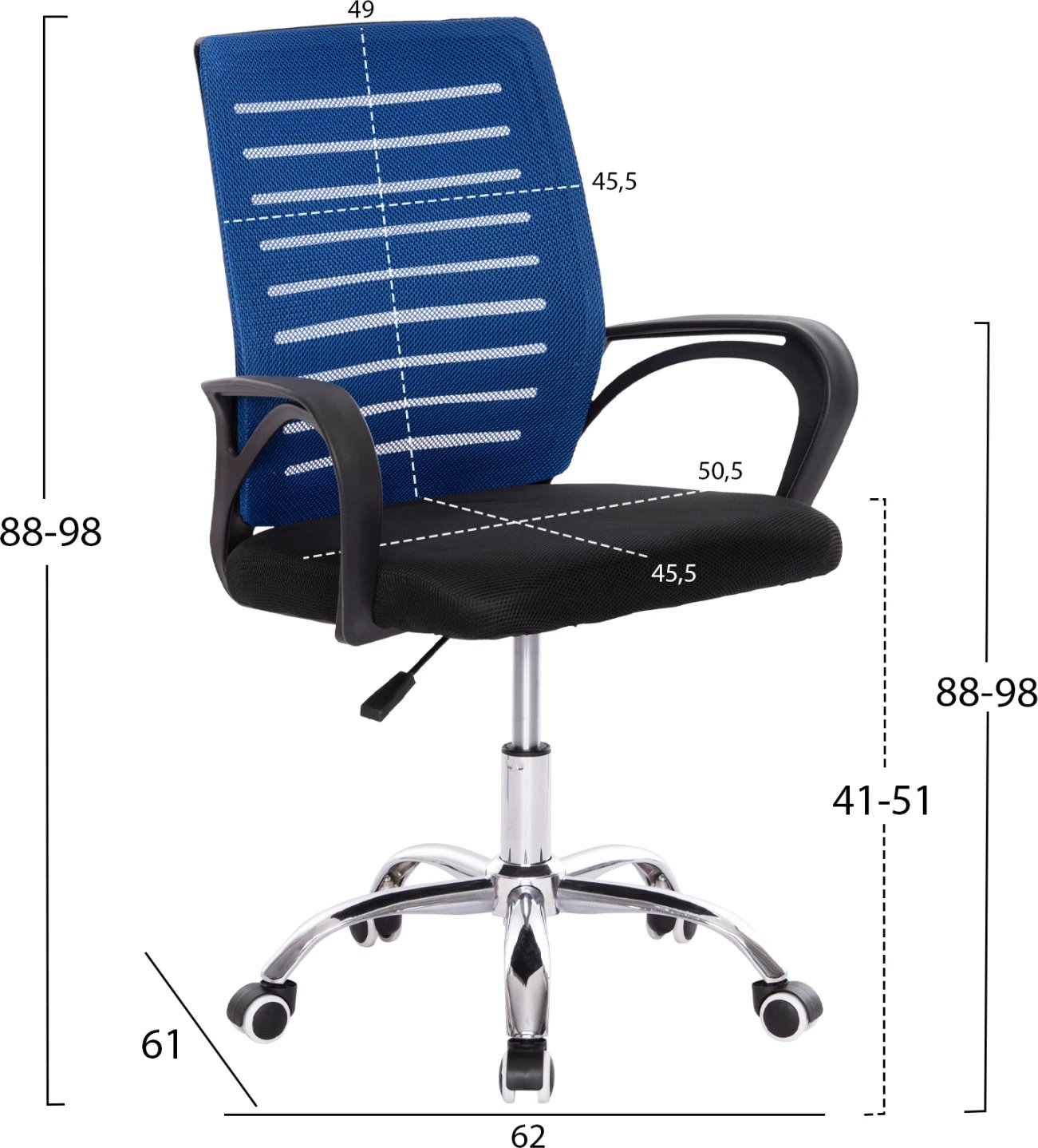 Karrige zyre TRAIL FH1192.36, ngjyrë blu dhe e zezë, këmbë metalike kromi, 62x51x98Hcm