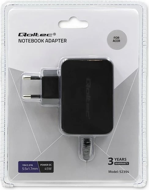 Adapter energjie Qoltec 52394 për Acer, 45W, 19V, 2.37A, 5.5x1.7 mm, i zi