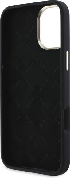 Mbështjellës Guess Silicone Logo Strass 4G për iPhone 16, i zi