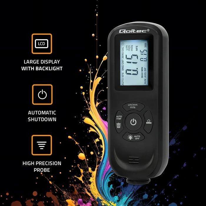 Matës trashësie boje Qoltec 50646, LCD i ndriçuar, 0-2000μm, i zi