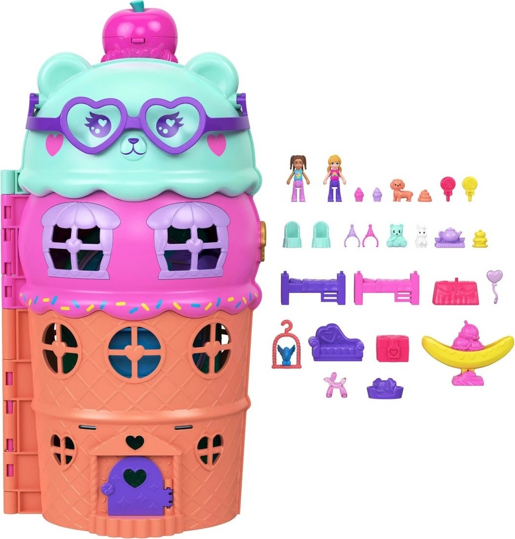 Set lodrash Polly Pocket Ice Cream House, Mattel JFT91, me 2 kukulla dhe 25 aksesorë, shumëngjyrësh