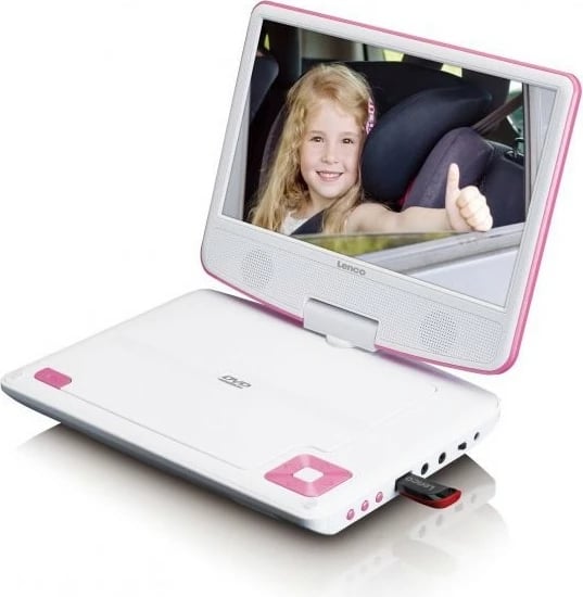 DVD Player portativ Lenco DVP-910, 9 inç, USB, me mbajtëse për makinë, rozë/bardhë