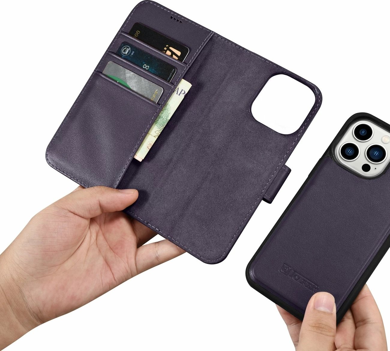 Mbështjellës iCarer Wallet Case 2in1 për iPhone 14 Pro Max, lëkurë natyrale, Anti-RFID, Vjollcë e errët