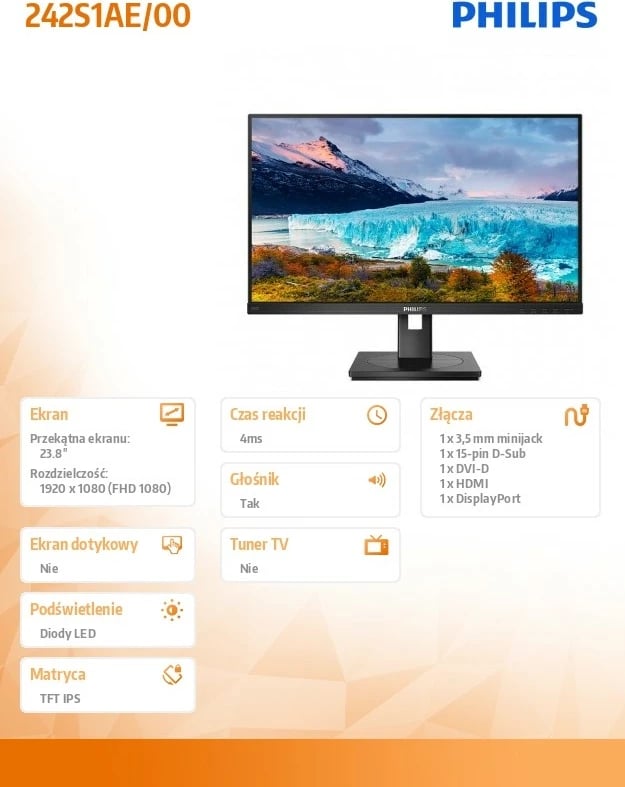Monitor Philips 242S1AE, 23.8", IPS, FHD, Pivot, i zi