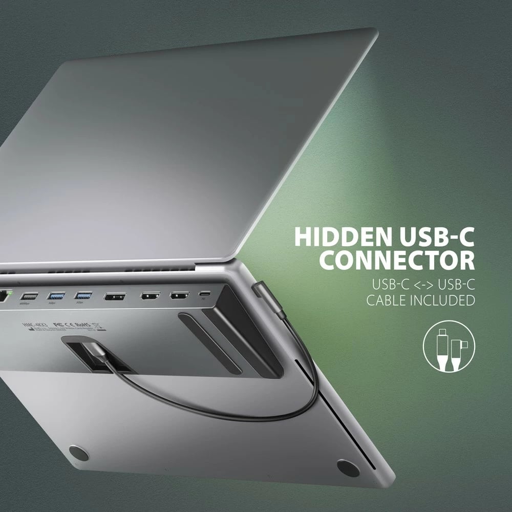 Kasë AXAGON HMC-4KX3 multiport USB 11-në-1, 5Gbps, 3x USB-A, 2x HDMI 4K/60Hz + DP 4K/60Hz + GLAN + SD/microSD + audio, 100W PD, kabllo USB-C 40cm, Gri