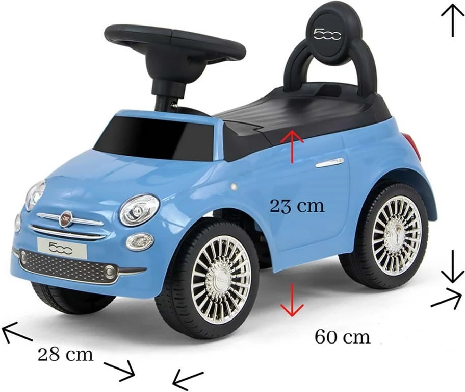 Makine lodër me shtytje (ride-on), Milly Mally, FIAT 500, sedile me mbështetëse dhe hapesire poshte, horn dhe melodi, per 12-36 muaj, blu