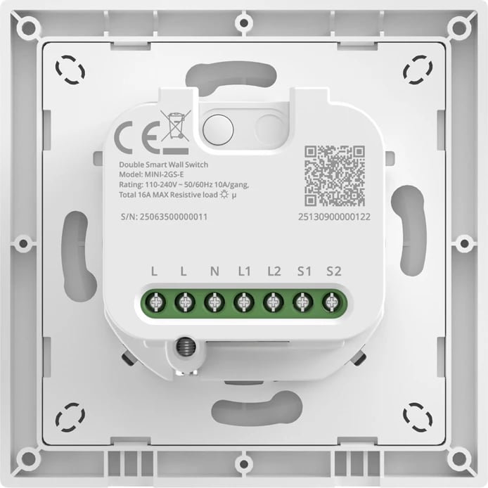 Switch muri, Sonoff, MINI-2GS-E, Matter, dy-kanalësh, Wi‑Fi 2.4 GHz, LAN, 110–240 V, 10 A/kanal, max 16 A, e bardhë