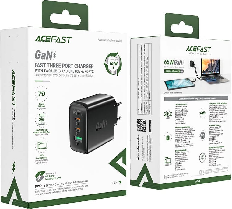 Karikues i shpejtë murit Acefast A41, 65W, 2x USB-C / USB-A, i bardhë