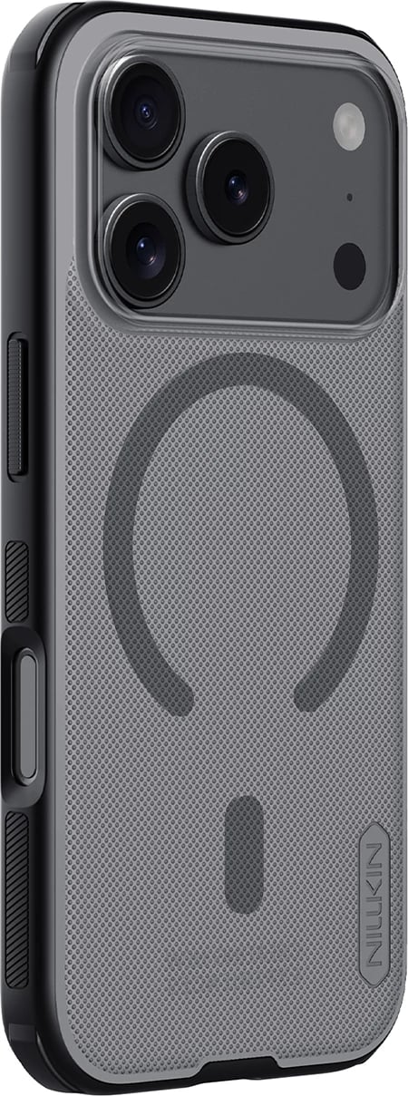 Mbështjellës Nillkin Super Frosted Shield Pro, për iPhone 17 Pro, MagSafe kompatibil, PC+TPU, e zezë transparente