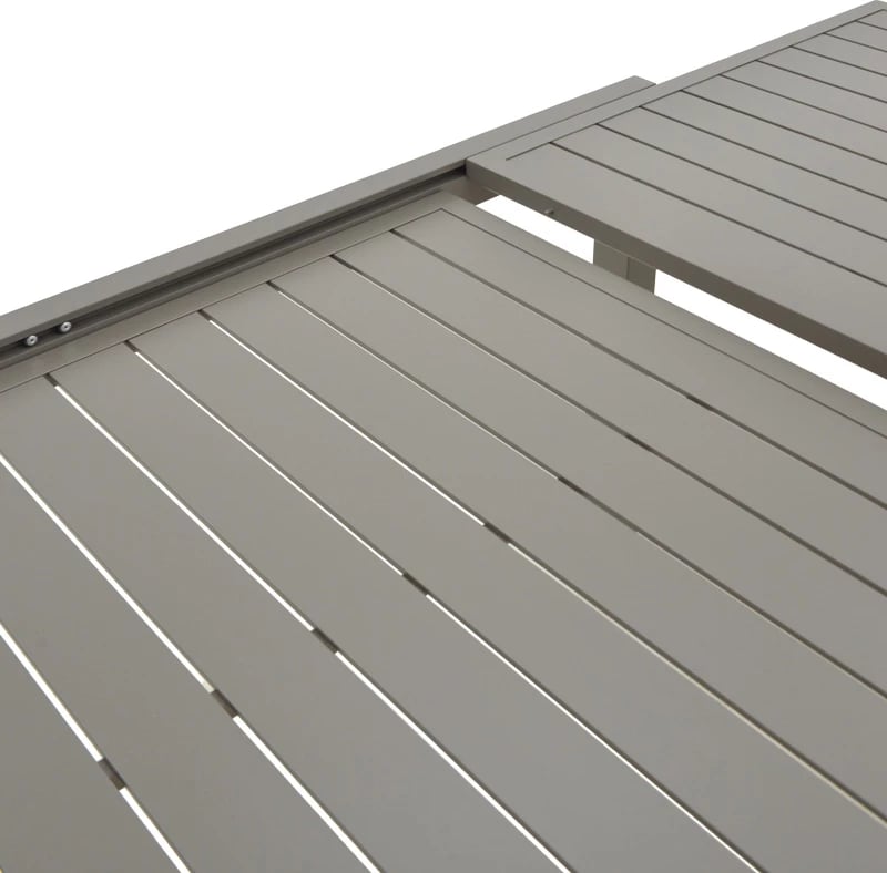 Set tavoline me karrige për terasë Lafla-Azelie, alumin ngjyrë shampanjë dhe sipërfaqe tavoline prej plywood, 160-240x100x75cm, 7 pjesë