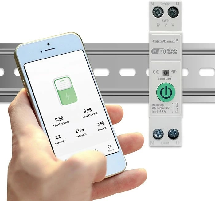 Relé Wi-Fi Qoltec 50881 për shina DIN, matës energjie, 63A, e bardhë