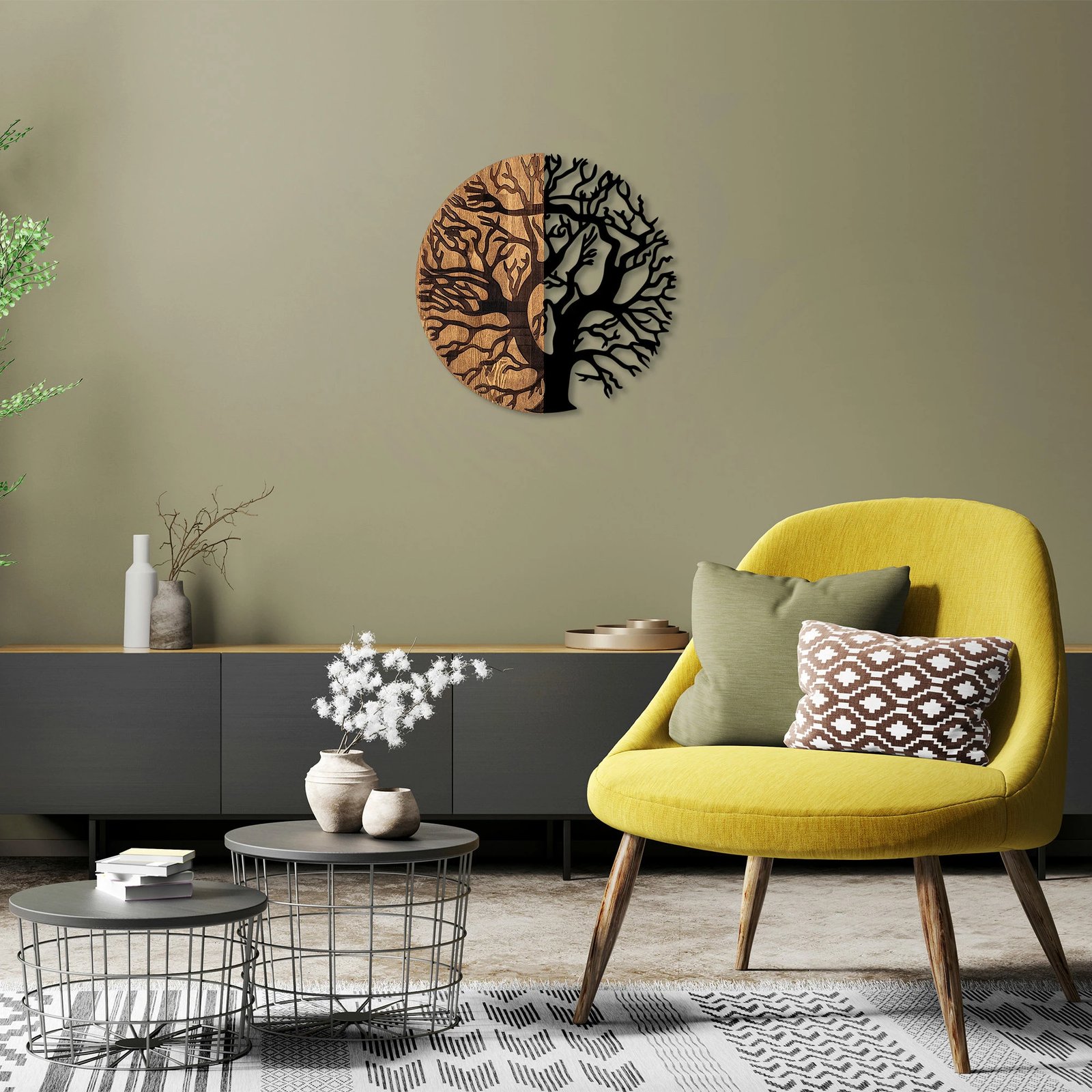 Aksesor dekorativ muri prej druri, Wallity, Monument Tree - 320, ngjyrë e zezë dhe arre, Ø56cm
