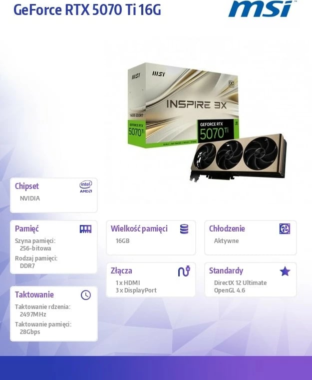 Kartelë grafike MSI GeForce RTX 5070 Ti 16G INSPIRE 3X OC PLUS, 16GB GDDR7, 256-bit, e zezë