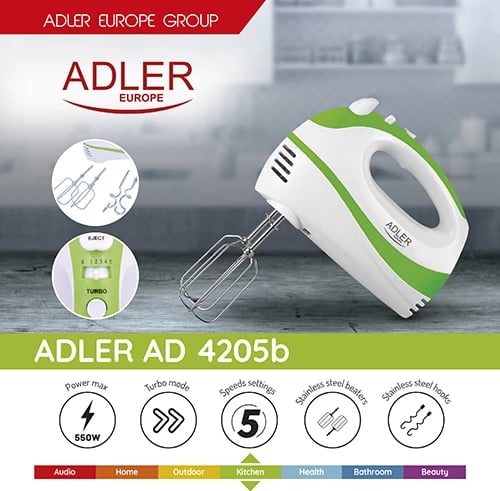 Mikser dore, Adler AD 4205, 300W (max 550W), 5 shpejtësi, Turbo, bardhë/jeshile
