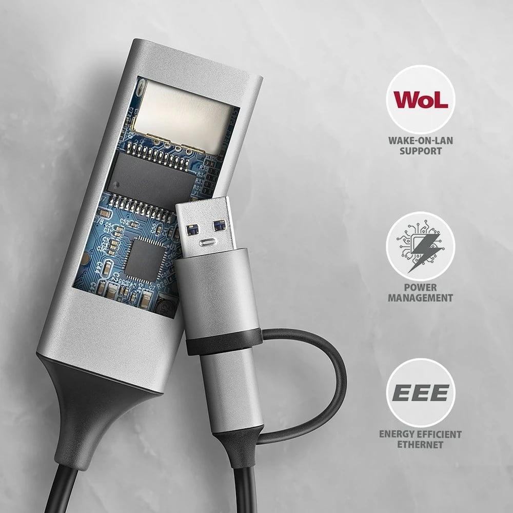 Adapter rrjeti AXAGON ADE-TXCA, USB-C/USB-A, Gigabit Ethernet, 3.2 Gen 1, Gri