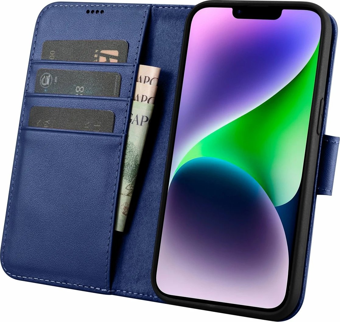 Mbështjellës iCarer Wallet Case 2in1 për iPhone 14, lëkurë natyrale, Anti-RFID, Blu