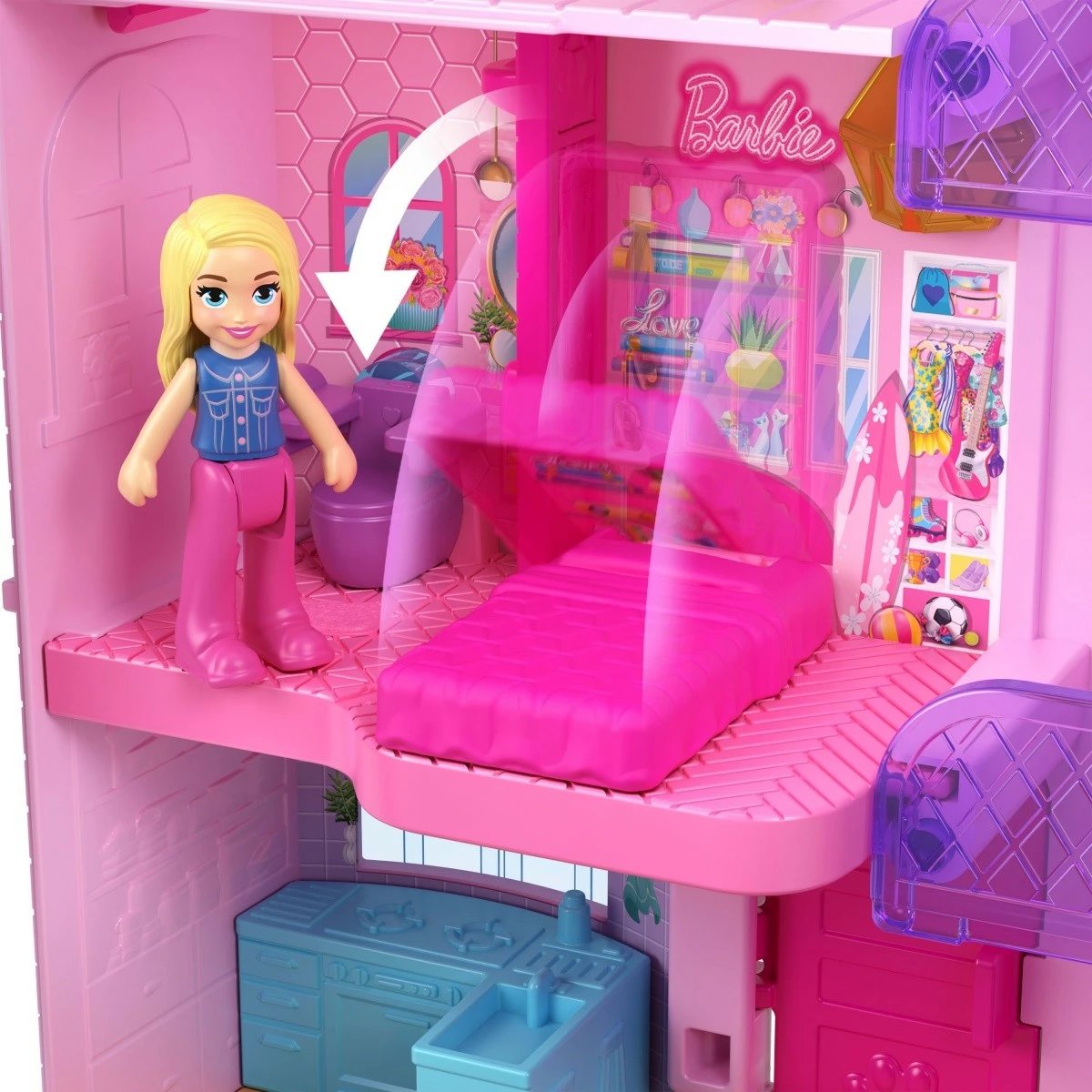 Set lodrash Polly Pocket Barbie Dreamhouse Mattel HWP11 me 3 mikrolodra dhe 11 aksesorë, rozë