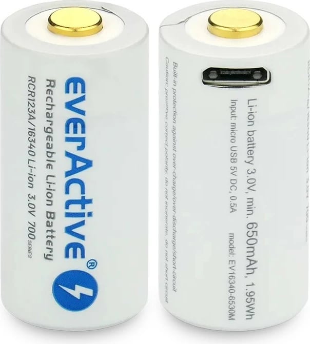 Bateri e rikarikueshme everActive 16340, 700 mAh, 3V, me Micro USB, një copë