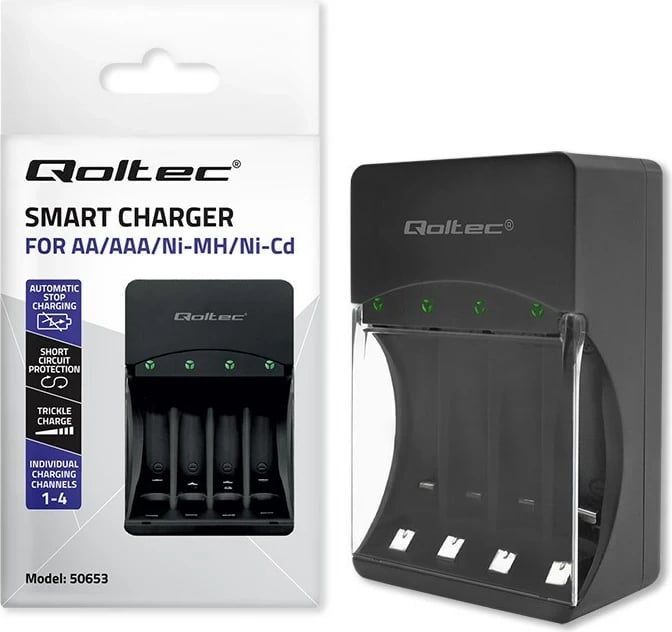 Karikues baterish Qoltec 50653 për Ni-MH R03/AAA R6/AA, Zi
