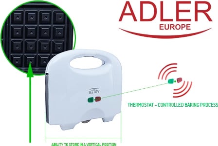 Aparat për gofra, Adler, AD 311, 700 W, 2 gofra, termostat, i bardhë