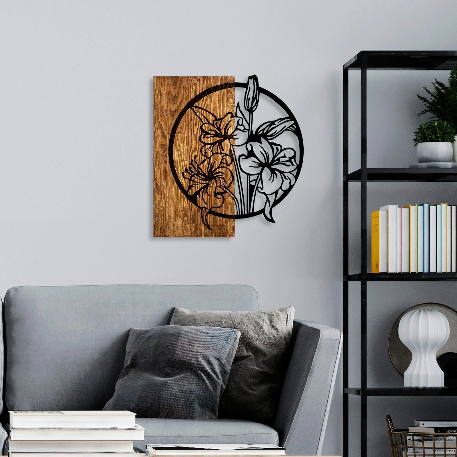 Aksesor dekorativ prej druri për mur, Wallity, lule, ngjyrë arre dhe e zezë