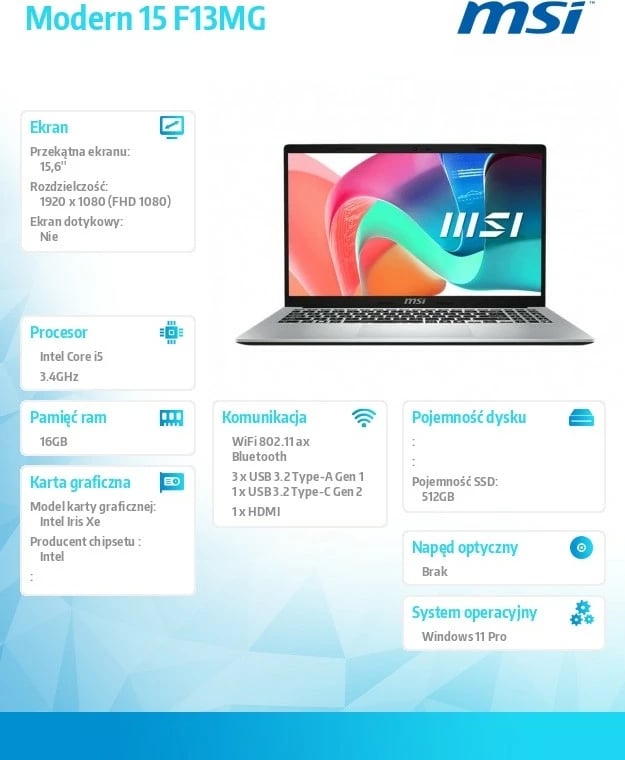 Kompjuter portativ, MSI Modern 15 F13MG-443PL, Intel Core i5-1334U, 15.6" IPS matt, 16GB RAM Memorje, 512GB SSD, Intel Iris Xe, Windows 11 Pro, gri