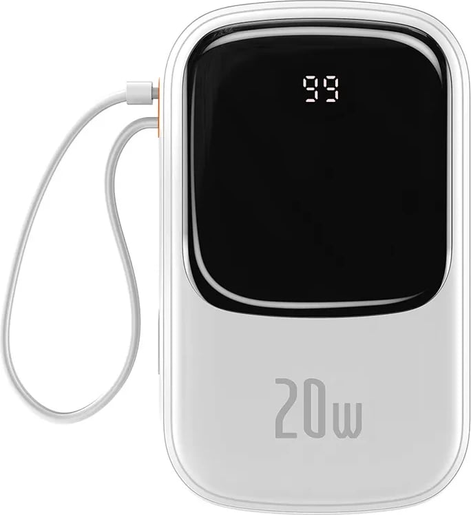 Powerbank Baseus Qpow PRO, 20000mAh, 20W, me kabllo Lightning, USB-C dhe USB, Bardhë