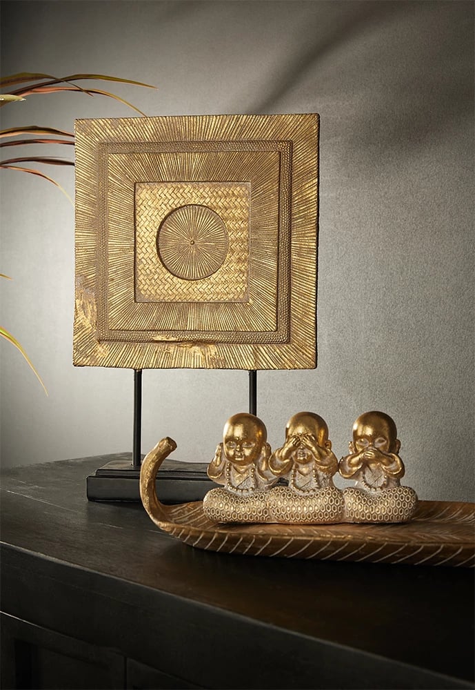 Dekor Mahatma, gjethe, polirezine, ngjyrë ari, 44x16x11cm