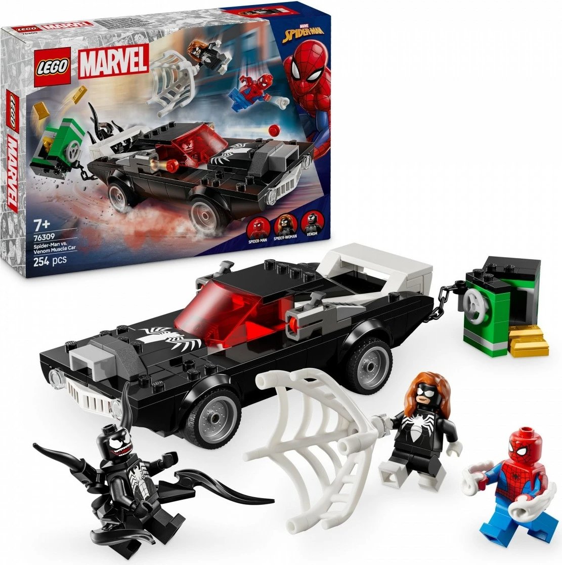Set ndërtimi LEGO Marvel Super Heroes 76309 Spider-Man vs. Venom Muscle Car, 254 pjesë