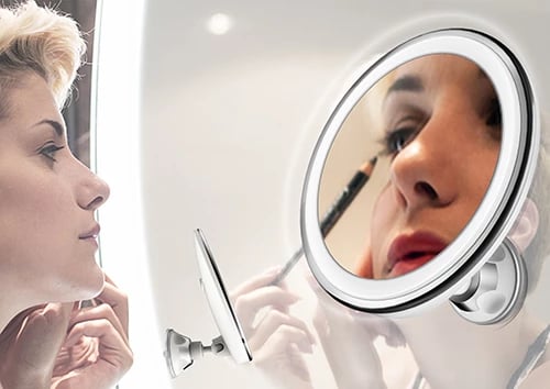 Pasqyrë LED banjoje, Adler AD 2168, zmadhim 5x, diametër 20 cm, 24 LED, rrotullim 360°, IPX4, montim me vakum, me bateri 3xAAA