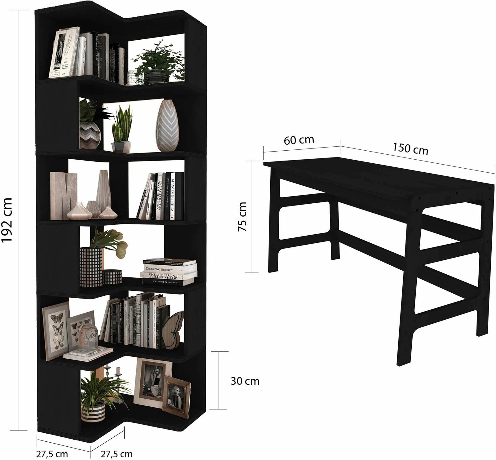 Set tavoline pune me raft librash, ngjyrë e zezë, Skye Decor, CPT4804-150