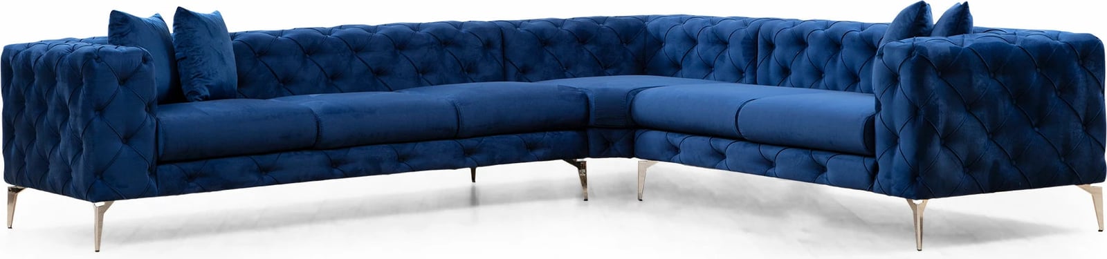 Këndare Como, ngjyrë blu navy, 6 jastëkë, këmbë metali, 310x270x70cm