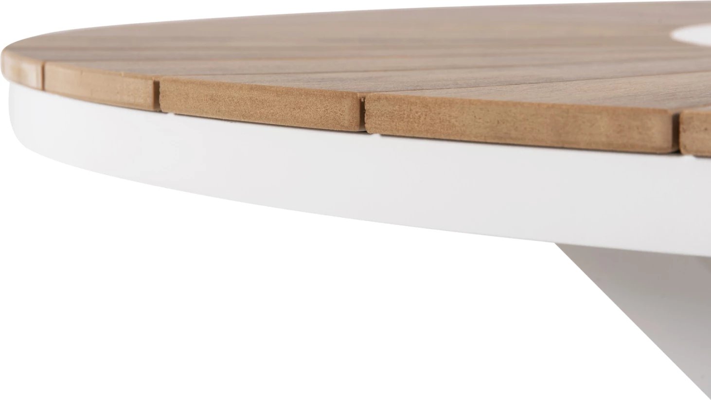 Tavolinë e rrumbullakët për jashtë, MORIL FH6041.02, alumin në të bardhë, polivud në ngjyrë druri natyral, Φ120cm