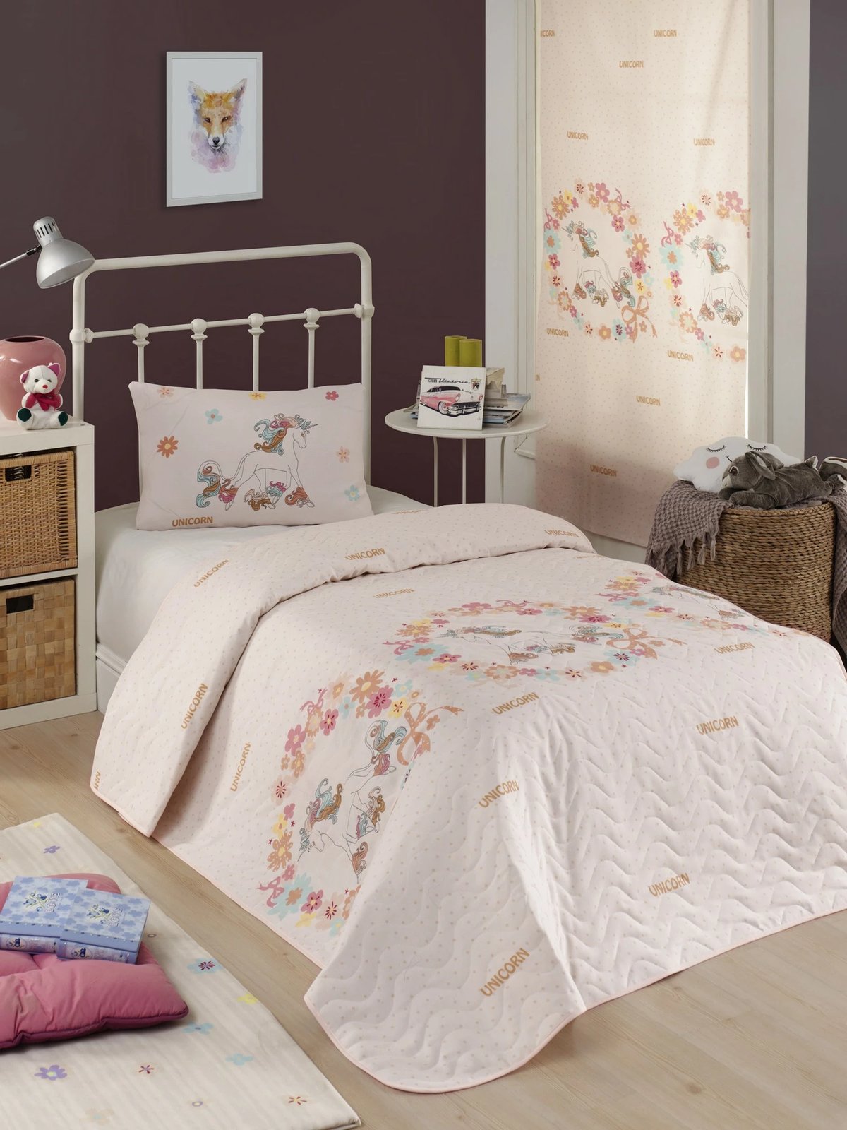 Set mbulesë krevati e qepur, një person, Unicornlar, rozë