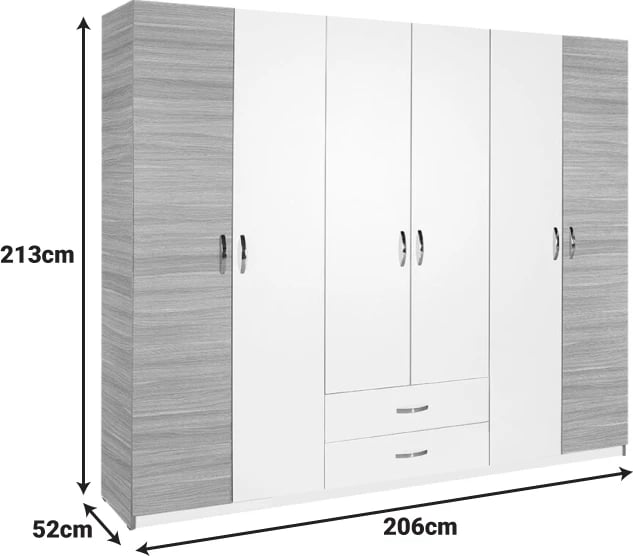 Dollap Dormie me gjashtë dyer, sirtarë, ngjyrë e bardhë, 206x52x213cm