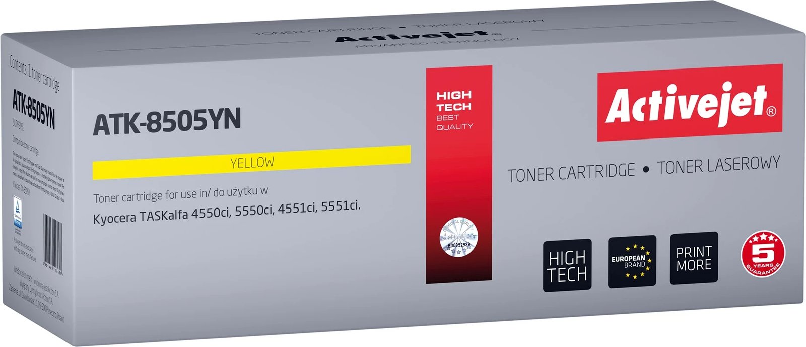 Toner zëvendësues Activejet ATK-8505YN për printerët Kyocera, 20000 faqe, i verdhë