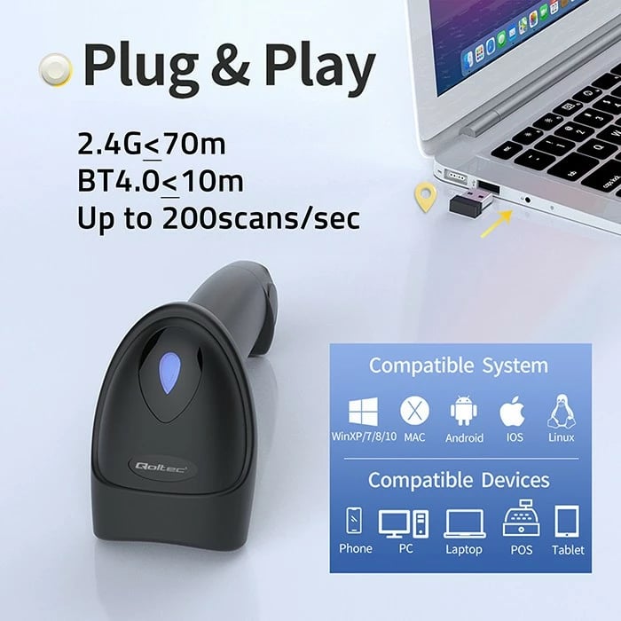 Lexues barkodesh dhe QR Qoltec 50880, Bluetooth/USB, i zi/verdhë