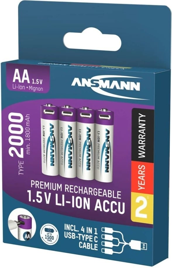 Bateri të rikarikueshme AA Ansmann 1312-0036, Li-Ion 1.5V, set 4 copë, Blu