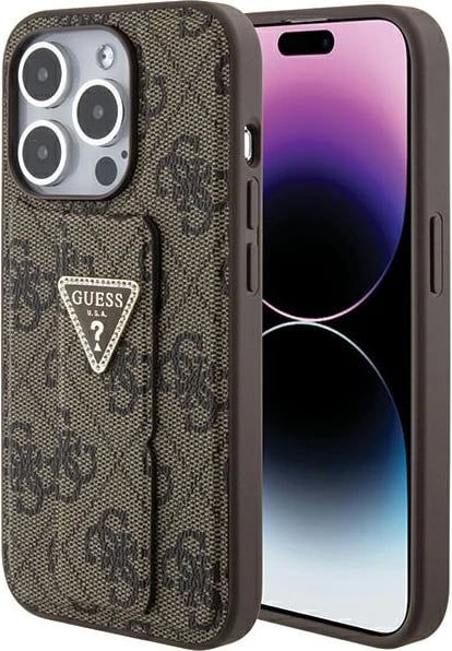 Mbështjellës Guess Grip Stand 4G Triangle Strass për iPhone 15 Pro Max, kafe
