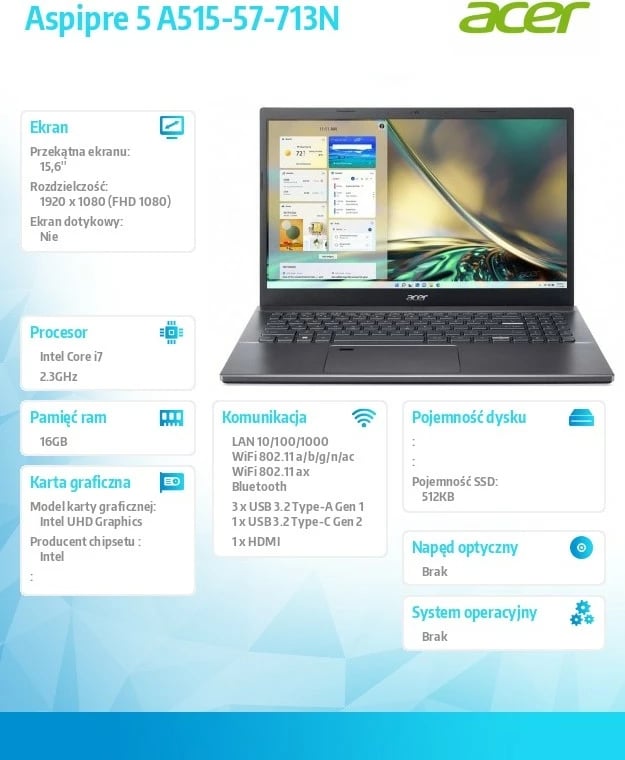 Laptop Acer Aspire 5 A515-57-713N, 15.6", Intel Core i7-12650H, 16GB RAM, 512GB SSD, Gri