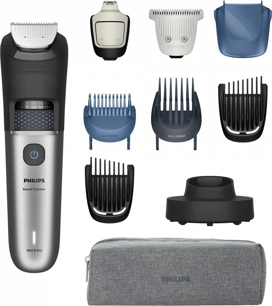 Trimmer mjekre, Philips BT7670/15, 40 nivele 0.4–20 mm, teh metal vetë-mprehës, 120 min, Wet & Dry, gri