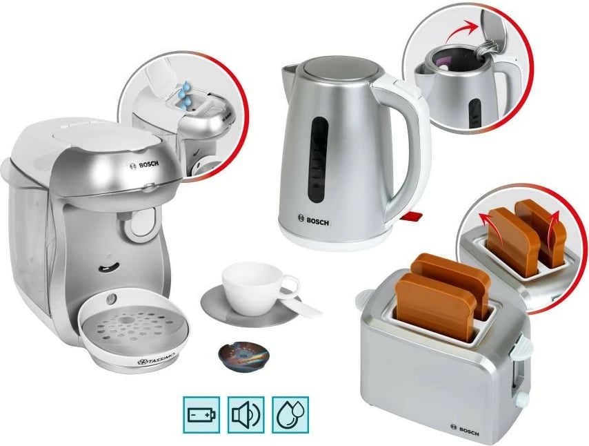 Set lodrash mëngjesi, Klein Bosch 9216, makinë kafeje me efekte zanore, kazan uji dhe toster, për fëmijë 3+, argjendtë, set
