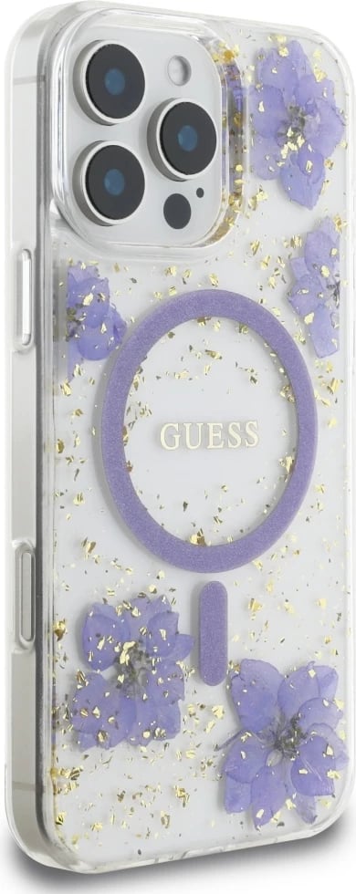 Mbështjellës MagSafe, Guess Resin Flowers, për iPhone 16 Pro 6.3", hardcase TPU/PC, vjollcë