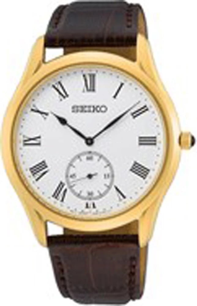 Orë dore SEIKO SRK050P1 për meshkuj, e artë me rrip kafe