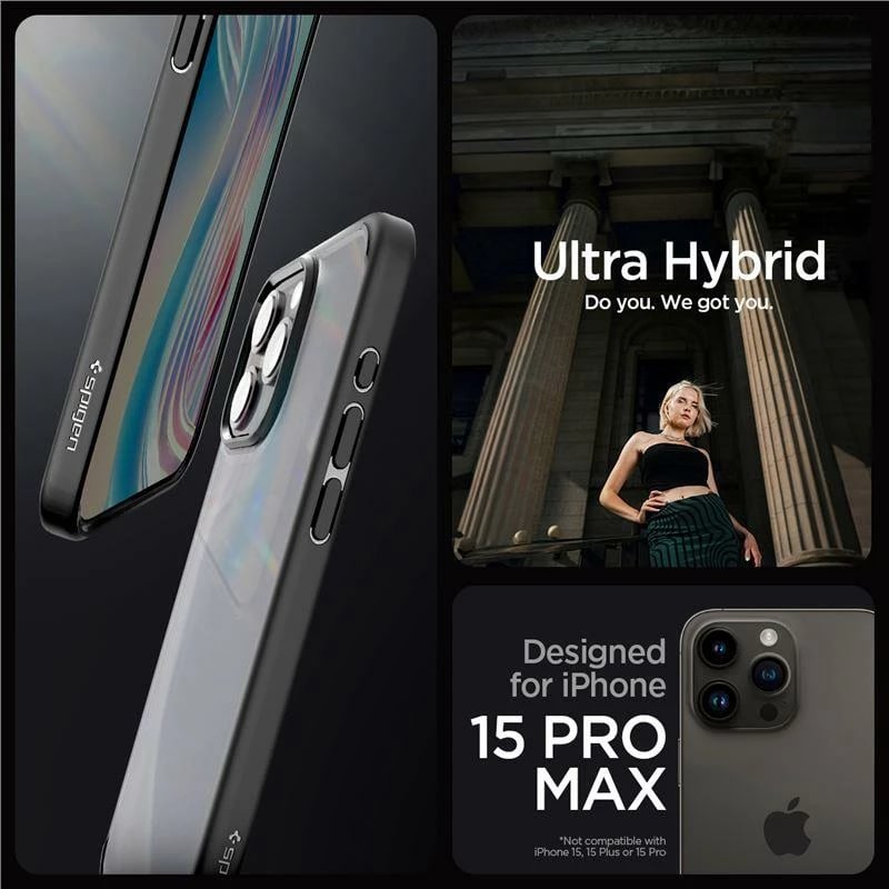 Mbështjellës Spigen Ultra Hybrid për iPhone 15 Pro Max, Transparent, i zi