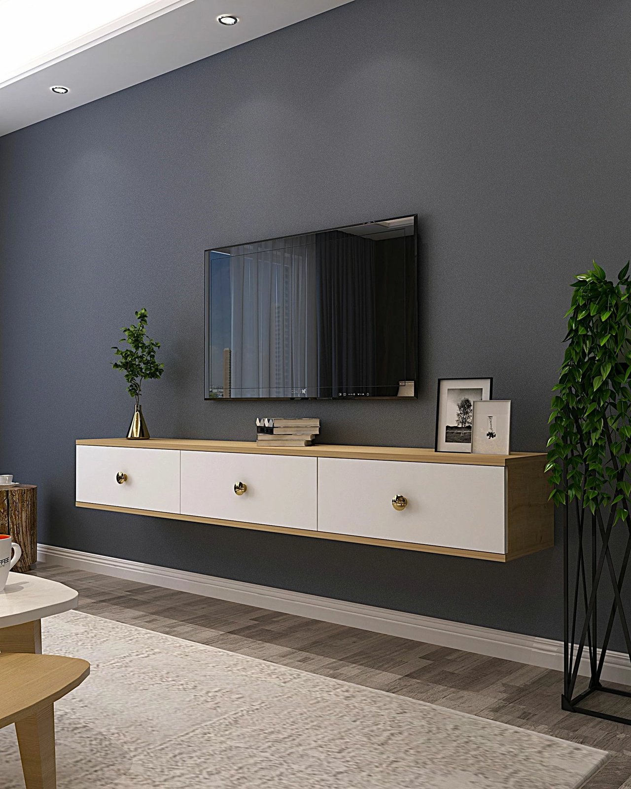 Komodë TV Skye Decor, Zuzu 180, ngjyrë lis safir dhe e bardhë