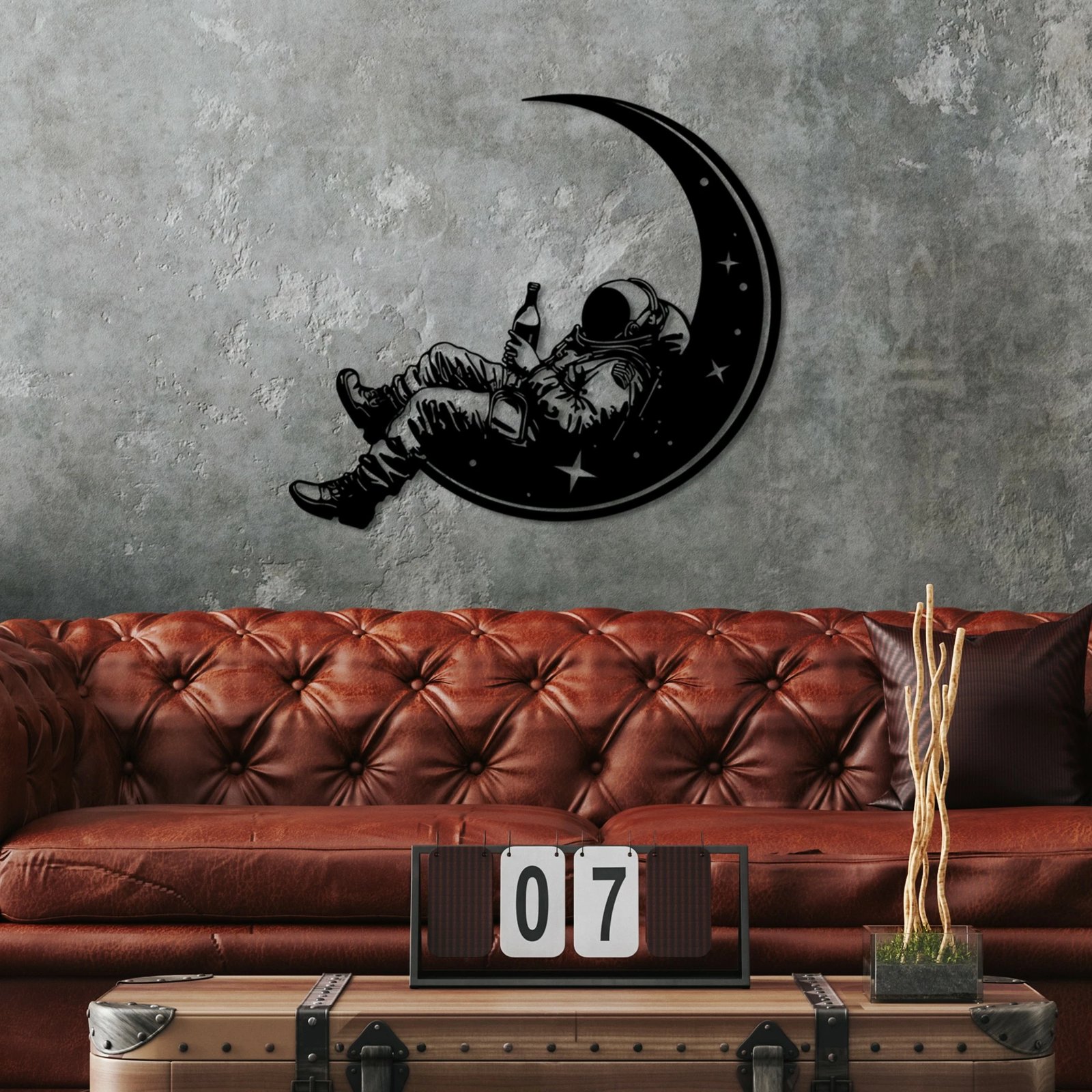 Aksesor dekorativ metalik për mur, astronaut në hënë, Wallity, ngjyrë e zezë, 62x71cm