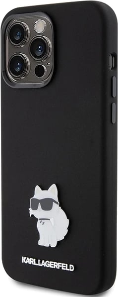 Mbështjellës Karl Lagerfeld Silicone Choupette Metal Pin për iPhone 15 Pro Max, i zi