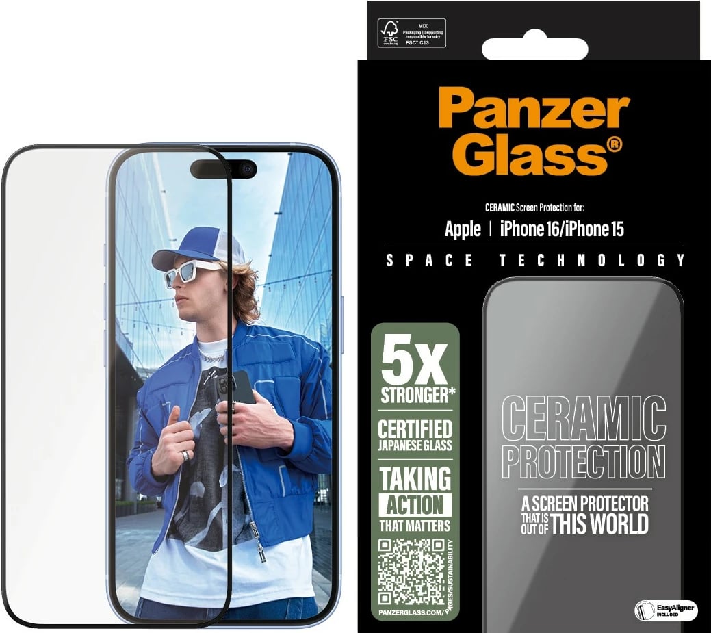 Mbrojtës ekrani PanzerGlass Ceramic për iPhone 16/15, transparent