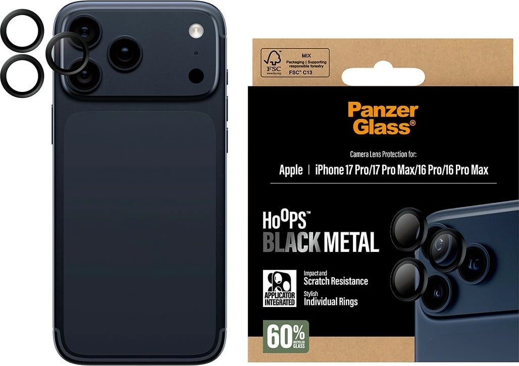 Mbështjellës kamerash PanzerGlass Hoops për iPhone 17 Pro/Pro Max/16 Pro/Pro Max, e zezë